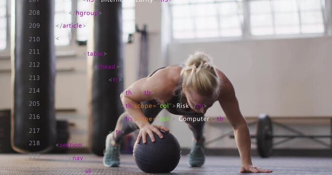 Woman starting fitness push-up switching hands on medicine ball, engaging core code overlay growing