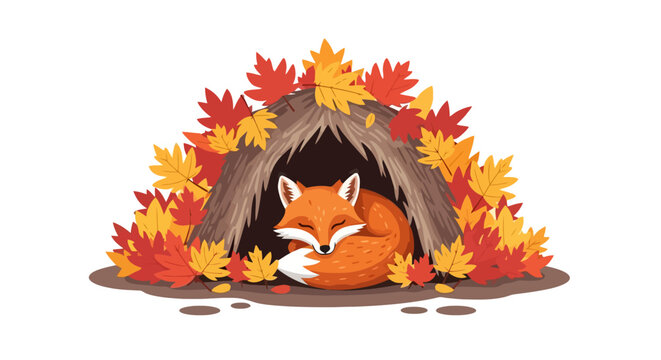 Cute Fox Sleeping Peacefully in Autumn Den Surrounded by Colorful Leaves.