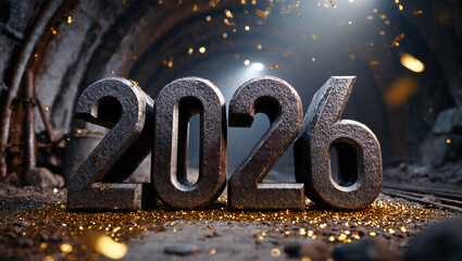 Metallic 2026 sculpture in sparkling underground tunnel.