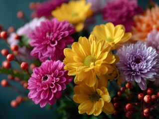 Fototapeta premium Bouquet of colorful chrysanthemums with varying colors yellow pink purple and red berries