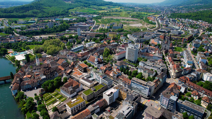 An aerial panoramic view around the old town in the city Olten, in Switzerland on a sunny day in summer