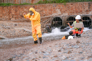 Environmental field team in protective gear analyzes water samples on a polluted beach. One holds a...