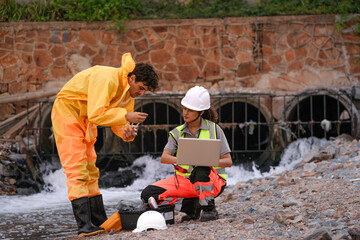 Two environmental field workers in protective gear conduct a water pollution inspection at a drainage outlet, collecting samples and analyzing data for contamination levels.