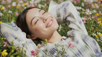 春の花畑でくつろぐ女性の笑顔　Generative AI