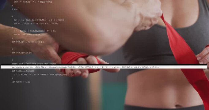 Coach placing red wrap on athlete hand, wrapping fist, pulling taut, glitch bars overlaying fitness