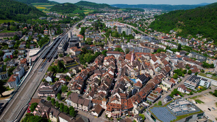 An aerial panoramic view around the old town in the city Liestal, in Switzerland on a sunny day in summer
