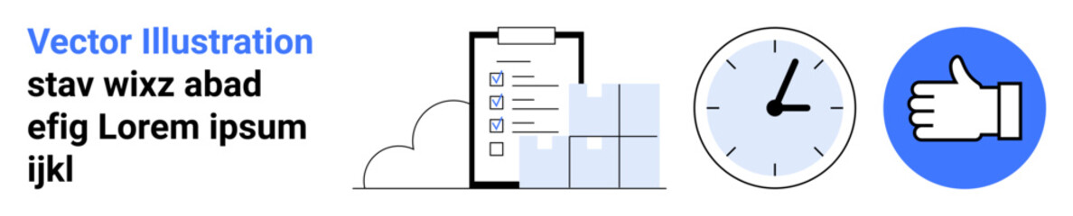Productivity, task management, time tracking, approval processes, workflow optimization, goal setting. A checklist, clock and approval icon. Productivity and task management concept