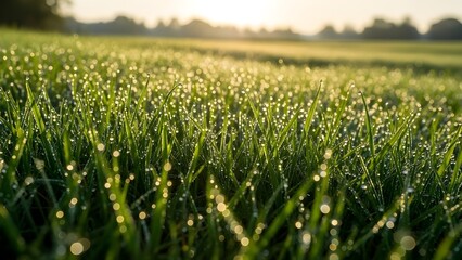 Obraz premium A low-focus close-up shot of fresh green grass covered in sparkling dewdrops at dawn or sunrise. The golden sunlight creates a beautiful bokeh effect against the vast grassland background.