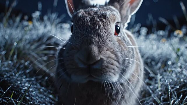 A curious rabbit emerges from a burrow entrance in moonlit grass at night