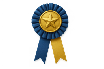 First place award ribbon featuring a gold star, winning symbol for achievement and success, transparent background