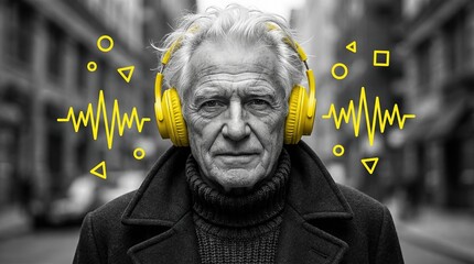 Elderly man wearing yellow headphones, with vibrant sound waves and geometric shapes, showing a modern active lifestyle.