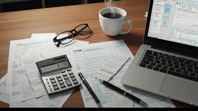Tax Season Workspace: Laptop, Forms, Coffee & Calculation