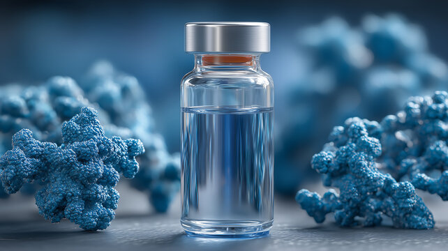 A biotechnology concept depicting molecular structures surrounding a vial as a representation of scientific advancement.
