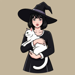 Flat Vector Illustration of a Young Woman Dressed as a Modern Witch Holding Her White Cat.