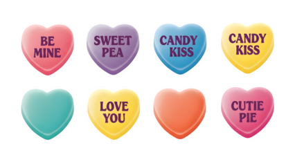 Collection of colorful conversation heart candies with sweet messages isolated on transparent background