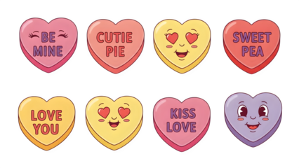 Collection of vintage conversation heart candies with cute faces isolated on transparent background
