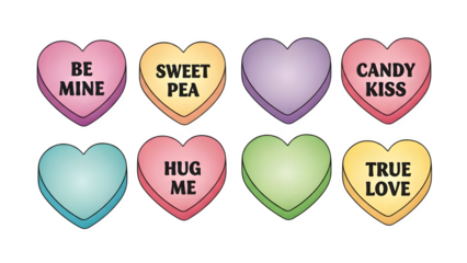 Collection of pastel heart shaped candy conversation hearts isolated on transparent background