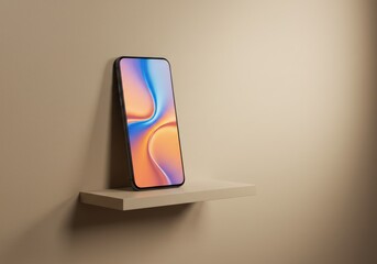 Modern Smartphone Displaying Colorful Abstract Background on Wall Shelf