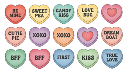 Collection of colorful conversation heart candies with sweet messages isolated on transparent background