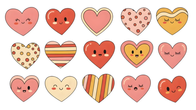Collection of colorful kawaii hearts with faces isolated on transparent background - Powered by Adobe
