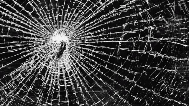 Glass breaking into pieces. Realistic Glass impact crack with detailed fractures on a black background. For overlay, simulating broken glass effects.
