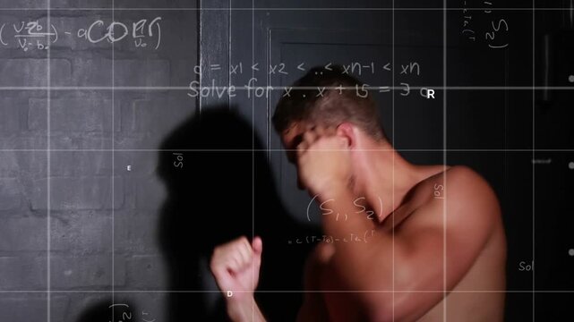 Athlete doing rapid punches for fitness, turning, returning and posing, grid math overlaying shadow