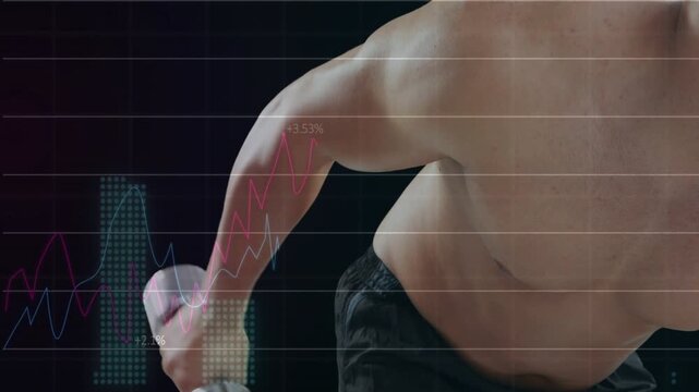 Male athlete doing dumbbell triceps kickbacks starting rep, graphs reacting to reps for fitness