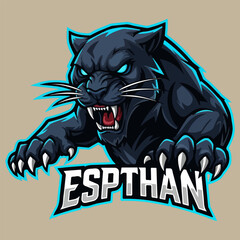 Aggressive Black Panther E-sports Vector Mascot Illustration with Blue Accents, Roaring Animal Logo.