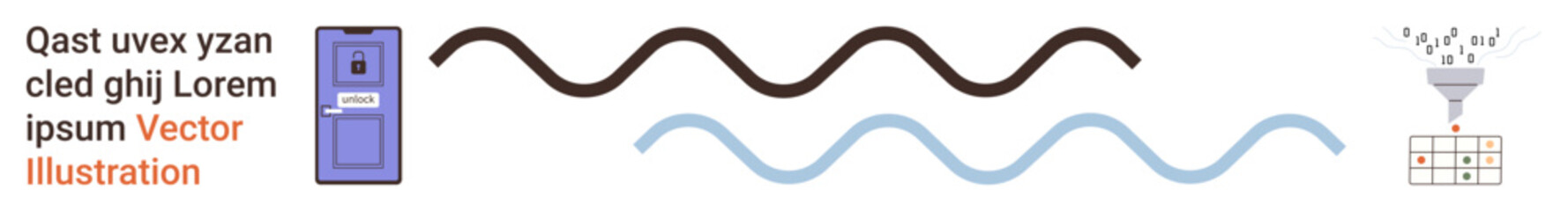 Data analysis, information flow, technology systems, data transformation, internet connectivity, visual communication. An arrangement of wave lines, a door a funnel and a grid. Data analysis