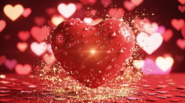 Glittering red heart exploding with sparkles on a reflective surface against a backdrop of colorful hearts.