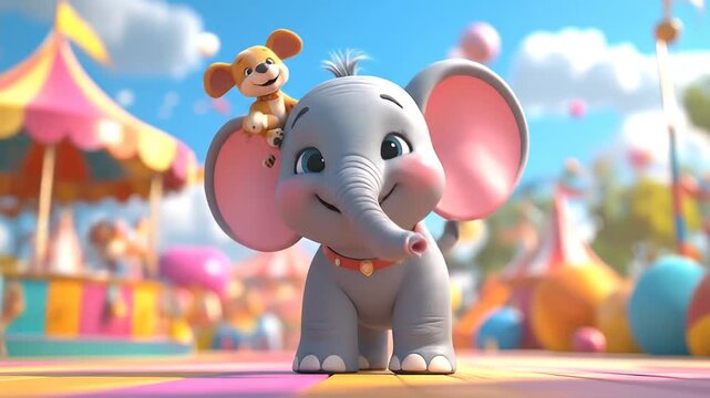 Cute elephant with puppy in colorful amusement park