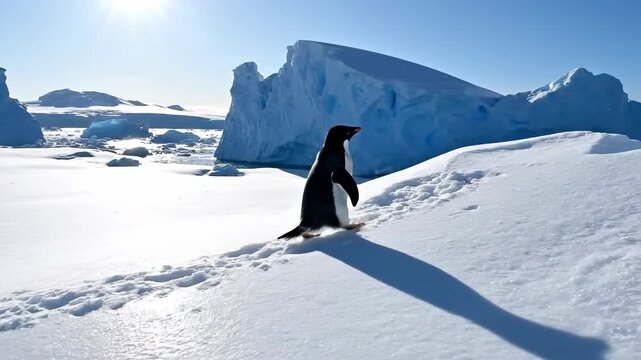A lone penguin waddles across the vast, snow-covered terrain of Antarctica under a bright, sunny sky.