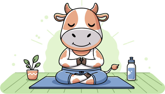 Cute cartoon cow doing yoga on a mat with a plant and water bottle
