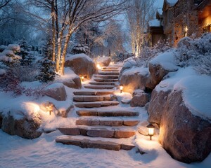 Serene Winter Pathway Illuminated by Soft Lights in Snowy Landscape