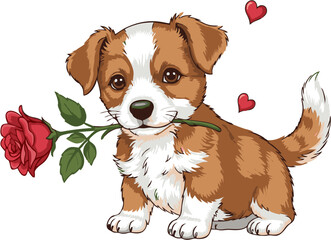 Sweet brown and white puppy illustration, gently holding a vibrant red rose in its mouth, adorned with charming floating hearts, symbolizing love and tender affection