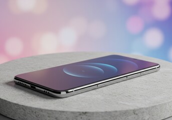 Modern Smartphone with Blurred Colorful Background on Light Grey Surface