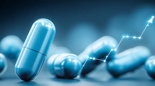 A glossy medical capsule with a rising trend line symbolizing health innovation progress and advancing pharmaceutical development.
