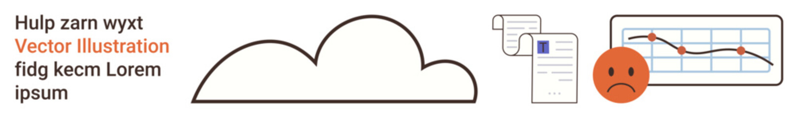 Data loss, cloud storage risks, IT security, business analytics, financial trends, failure impacts. A cloud, files a sad face icon and a declining graph. Data loss and cloud storage risks concept