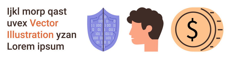 Digital security, identity management, financial technology, data protection, personal safety, banking. Visual shows shield, human profile and currency coin icons. Digital security and identity