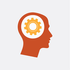Orange Head Profile with Yellow Gear Inside Thinking Concept.