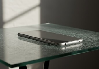 Modern Smartphone with Metallic Finish on Glass Table in Bright Natural Light