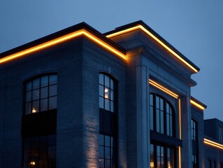 Fototapeta premium Modern Building Facade with Decorative LED Lighting at Dusk