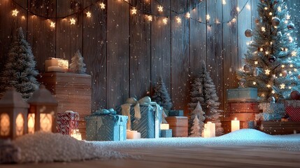 Enchanting Christmas gift room with wooden wall, snow and glowing lights, presents and trees creating magical winter holiday backdrop