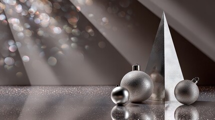 Modern metallic Christmas background with silver baubles and geometric tree on sparkling surface, minimalist luxury holiday backdrop for banners, web headers and festive branding