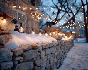 Fototapeta premium Cozy Winter Evening with String Lights and Snowy Stone Wall