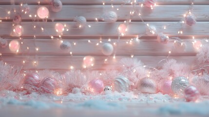 Pastel Christmas background with pink ornaments, fluffy garland and glowing fairy lights, soft winter holiday backdrop for branding and social media