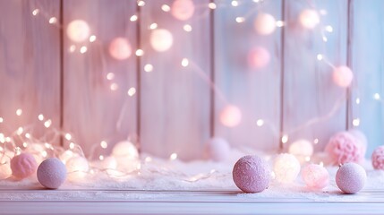 Soft pastel Christmas lights and pink ornaments on wooden background, dreamy winter holiday copy space