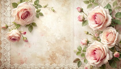 Elegant Vintage Rose Floral Arrangement with Delicate Lace Accents on a Textured Parchment Background, Ideal for Romantic Invitations, Greeting Cards, and Celebratory Designs