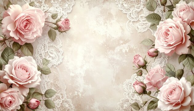 Vintage Lace and Delicate Pink Roses Background with Soft, Romantic Ambiance - Powered by Adobe
