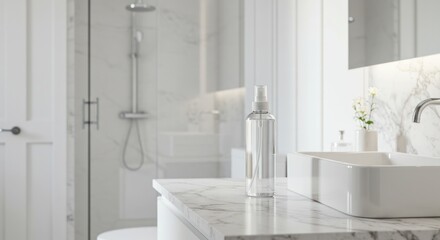 Modern White Bathroom with Marble Countertop and Clear Spray Bottle